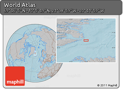 Gray Location Map of the Area around 69° 55' 57" N, 21° 10' 29" W, hill shading