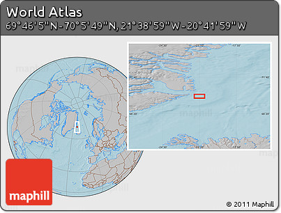 Gray Location Map of the Area around 69° 55' 57" N, 21° 10' 29" W, hill shading