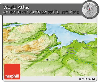 Physical 3D Map of the Area around 69° 55' 57" N, 23° 1' 29" E