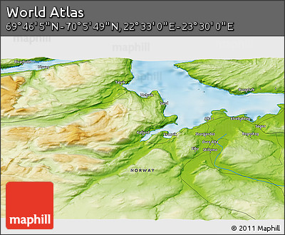 Physical 3D Map of the Area around 69° 55' 57" N, 23° 1' 29" E