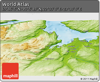 Physical 3D Map of the Area around 69° 55' 57" N, 23° 1' 29" E