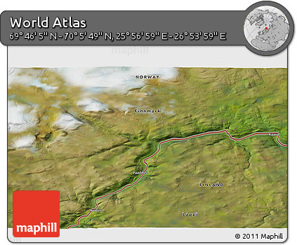 Satellite 3D Map of the Area around 69° 55' 57" N, 26° 25' 29" E