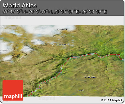 Satellite 3D Map of the Area around 69° 55' 57" N, 26° 25' 29" E