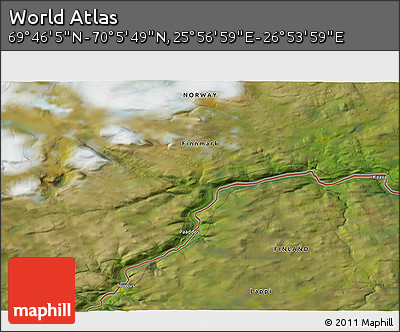 Satellite 3D Map of the Area around 69° 55' 57" N, 26° 25' 29" E