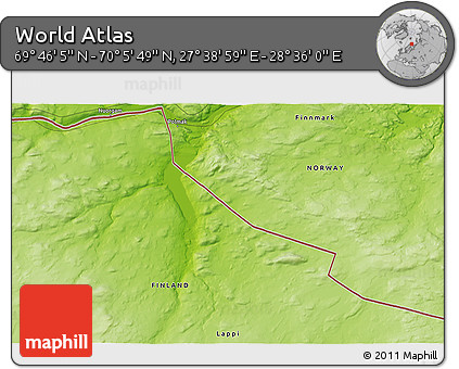 Physical 3D Map of the Area around 69° 55' 57" N, 28° 7' 30" E