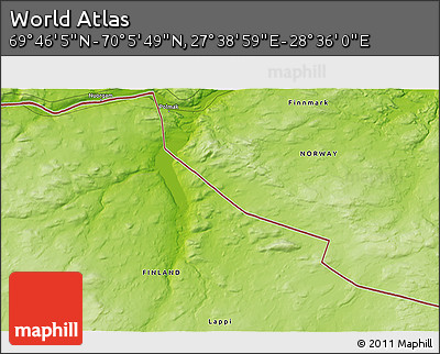 Physical 3D Map of the Area around 69° 55' 57" N, 28° 7' 30" E