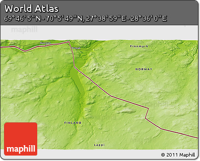 Physical 3D Map of the Area around 69° 55' 57" N, 28° 7' 30" E