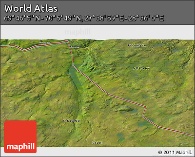 Satellite 3D Map of the Area around 69° 55' 57" N, 28° 7' 30" E