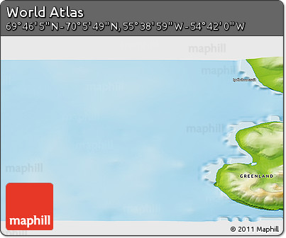 Physical 3D Map of the Area around 69° 55' 57" N, 55° 10' 29" W