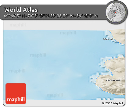 Shaded Relief 3D Map of the Area around 69° 55' 57" N, 55° 10' 29" W