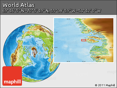 Physical Location Map of the Area around 69° 55' 57" N, 55° 10' 29" W