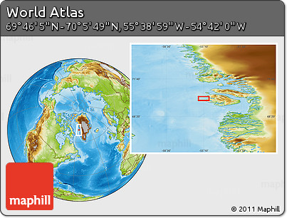Physical Location Map of the Area around 69° 55' 57" N, 55° 10' 29" W