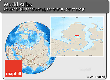Shaded Relief Location Map of the Area around 69° 55' 57" N, 70° 37' 30" E