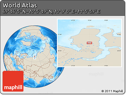 Shaded Relief Location Map of the Area around 69° 55' 57" N, 70° 37' 30" E