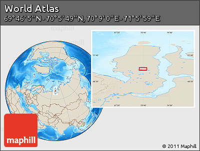 Shaded Relief Location Map of the Area around 69° 55' 57" N, 70° 37' 30" E