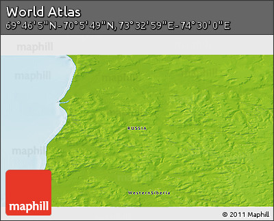Physical 3D Map of the Area around 69° 55' 57" N, 74° 1' 30" E