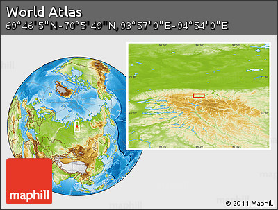 Physical Location Map of the Area around 69° 55' 57" N, 94° 25' 30" E