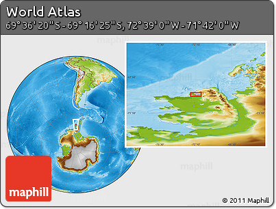 Physical Location Map of the Area around 69° 26' 23" S, 72° 10' 30" W