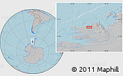 Gray Location Map of the area around 69° 44' 9" S, 72° 10' 30" W, hill shading