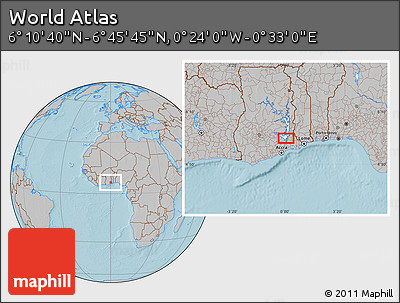 Gray Location Map of the Area around 6° 28' 13" N, 0° 4' 30" E, hill shading