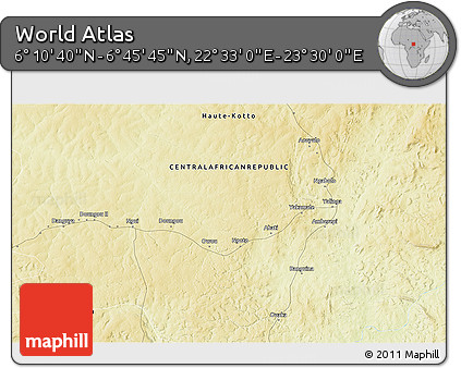 Physical 3D Map of the Area around 6° 28' 13" N, 23° 1' 29" E