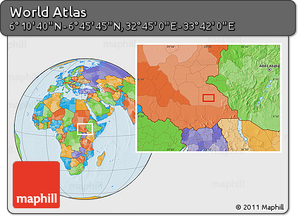 Political Location Map of the Area around 6° 28' 13" N, 33° 13' 30" E