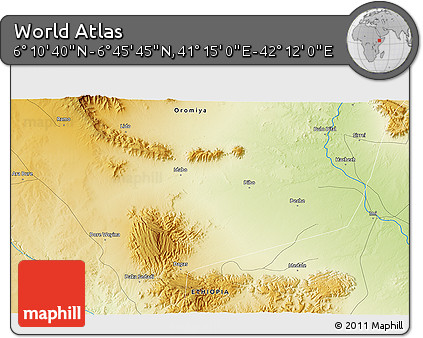 Physical 3D Map of the Area around 6° 28' 13" N, 41° 43' 30" E