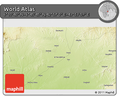 Physical 3D Map of the Area around 6° 28' 13" N, 43° 25' 29" E