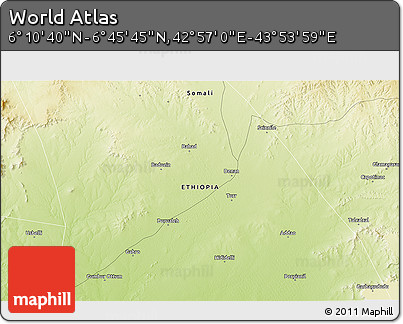 Physical 3D Map of the Area around 6° 28' 13" N, 43° 25' 29" E