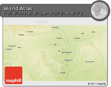 Physical 3D Map of the Area around 6° 28' 13" N, 44° 16' 29" E