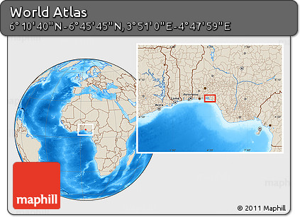 Shaded Relief Location Map of the Area around 6° 28' 13" N, 4° 19' 30" E