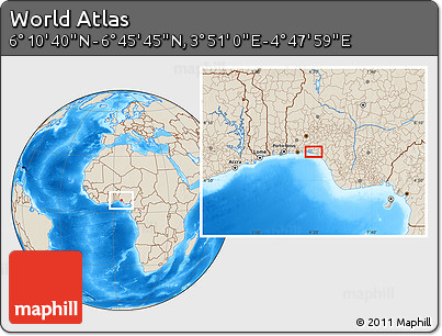 Shaded Relief Location Map of the Area around 6° 28' 13" N, 4° 19' 30" E
