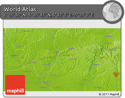 Physical 3D Map of the Area around 6° 28' 13" N, 5° 10' 30" E