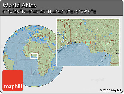 Savanna Style Location Map of the Area around 6° 28' 13" N, 5° 10' 30" E, hill shading