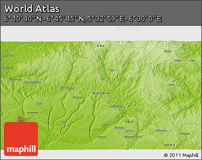 Physical 3D Map of the Area around 6° 28' 13" N, 6° 1' 30" E