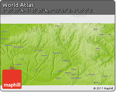 Physical 3D Map of the Area around 6° 28' 13" N, 6° 1' 30" E