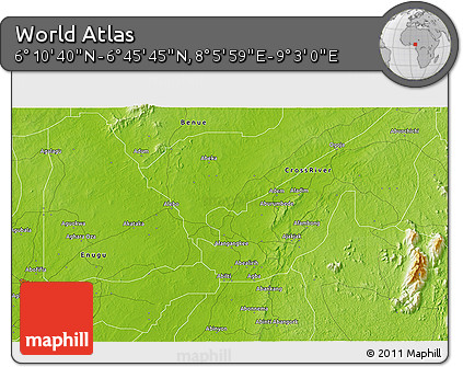 Physical 3D Map of the Area around 6° 28' 13" N, 8° 34' 29" E