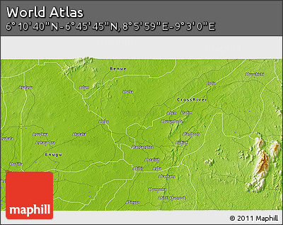 Physical 3D Map of the Area around 6° 28' 13" N, 8° 34' 29" E