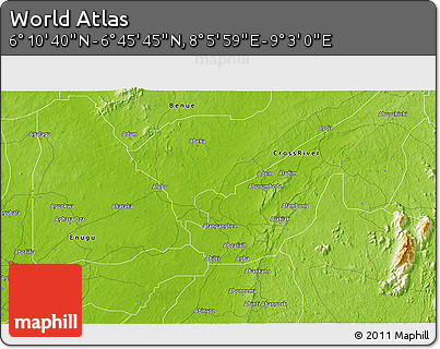 Physical 3D Map of the Area around 6° 28' 13" N, 8° 34' 29" E