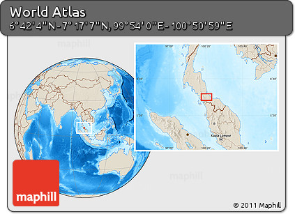 Shaded Relief Location Map of the Area around 6° 59' 36" N, 100° 22' 30" E