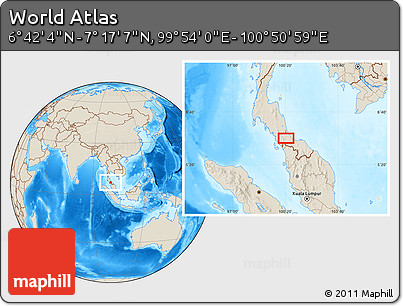 Shaded Relief Location Map of the Area around 6° 59' 36" N, 100° 22' 30" E