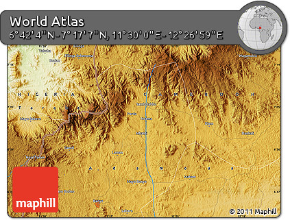 Physical Map of the Area around 6° 59' 36" N, 11° 58' 29" E