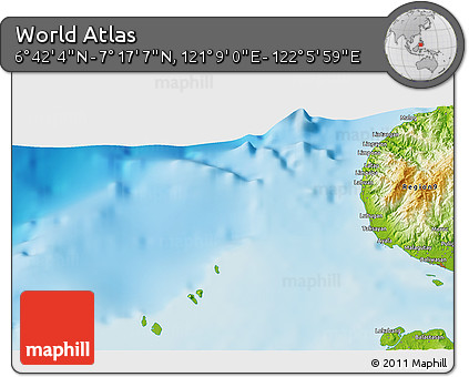 Physical 3D Map of the Area around 6° 59' 36" N, 121° 37' 30" E
