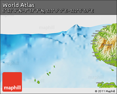 Physical 3D Map of the Area around 6° 59' 36" N, 121° 37' 30" E