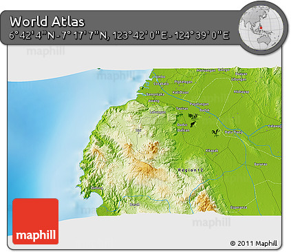 Physical 3D Map of the Area around 6° 59' 36" N, 124° 10' 30" E