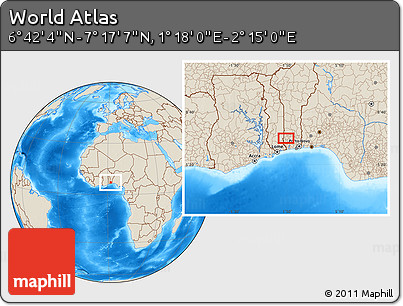 Shaded Relief Location Map of the Area around 6° 59' 36" N, 1° 46' 29" E