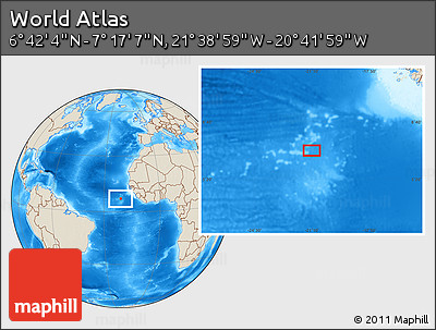 Shaded Relief Location Map of the Area around 6° 59' 36" N, 21° 10' 29" W