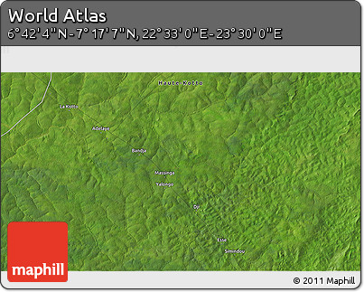 Satellite 3D Map of the Area around 6° 59' 36" N, 23° 1' 29" E