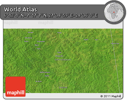 Satellite 3D Map of the Area around 6° 59' 36" N, 28° 7' 30" E