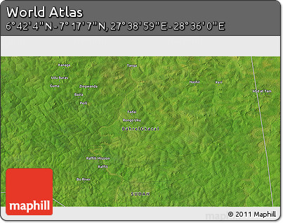 Satellite 3D Map of the Area around 6° 59' 36" N, 28° 7' 30" E